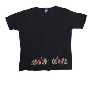VINTAGE 90s embroidered cardigan‎ floral short sleeve black sweater 1X
